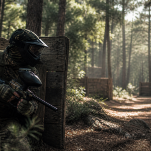 Paintball player taking cover in pine forest
