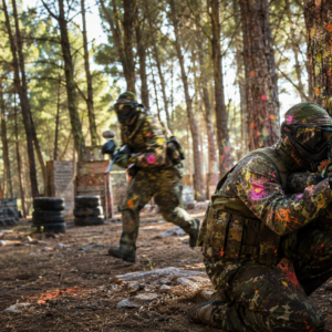 Paintball players in action in the forest on the island of Korčula