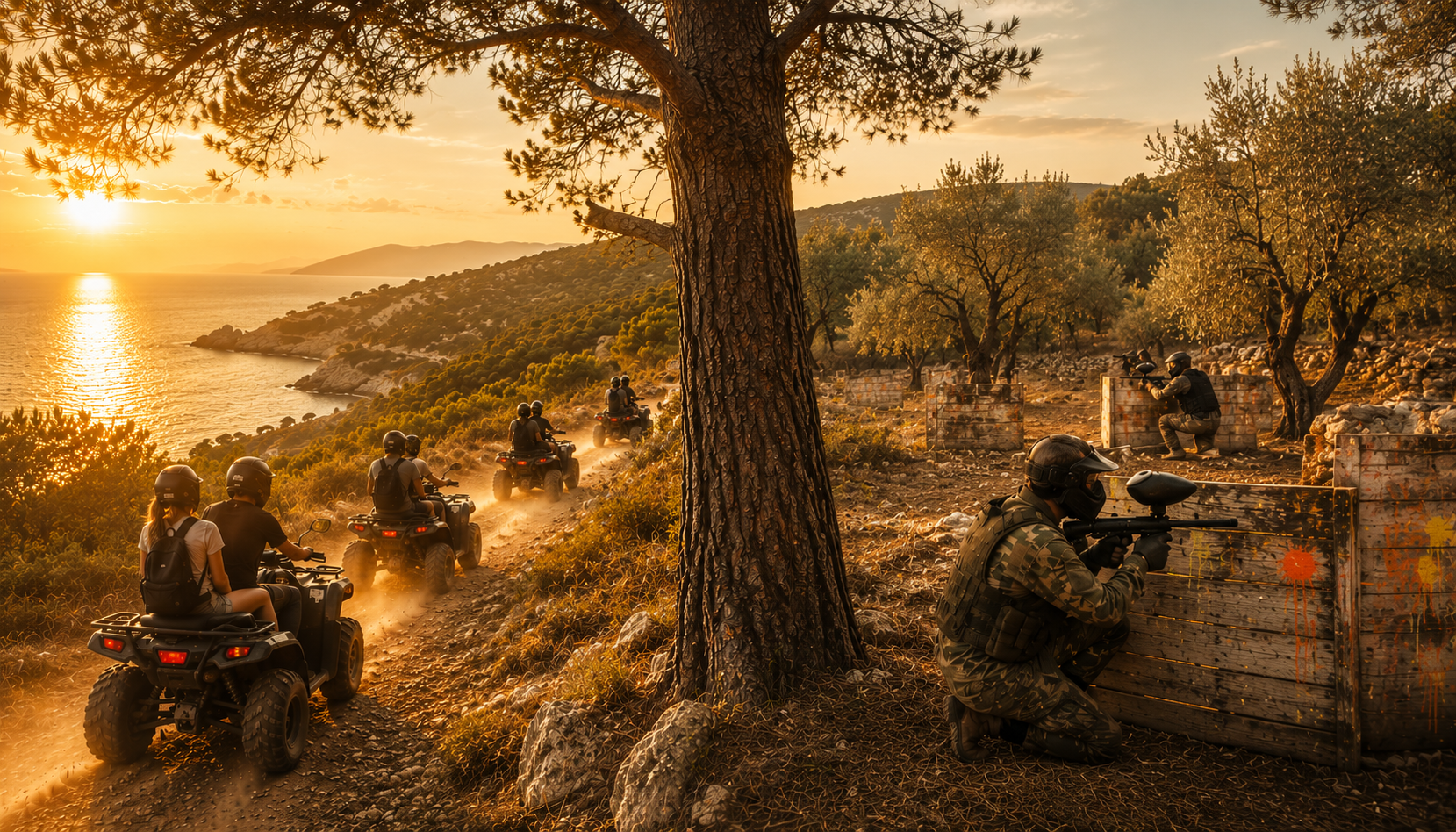 Grupa na quad turi vozi obalnom stazom Korčule u zlatnim satima, dok se paintball igrači skrivaju u borovoj šumi na desnoj strani kadra.