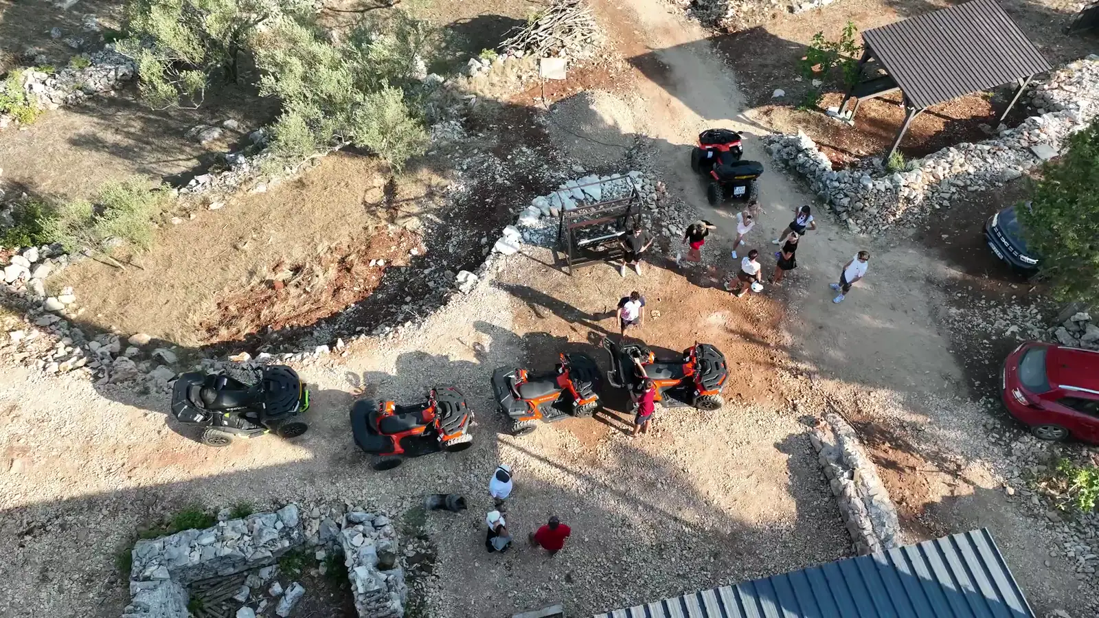 Aerial view of Bokun Zemje Adventure Park near Blato on Korčula, with quad bikes lined up for a tour